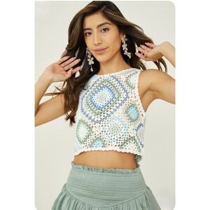 ALTAR'D STATE Crochet Granny Square Crop Top XS Blue Green Boho Festival Hippie